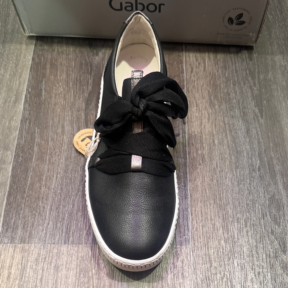Gabor Black Leather Ribbon-Lace Platform Sneakers - Picture 3 of 9